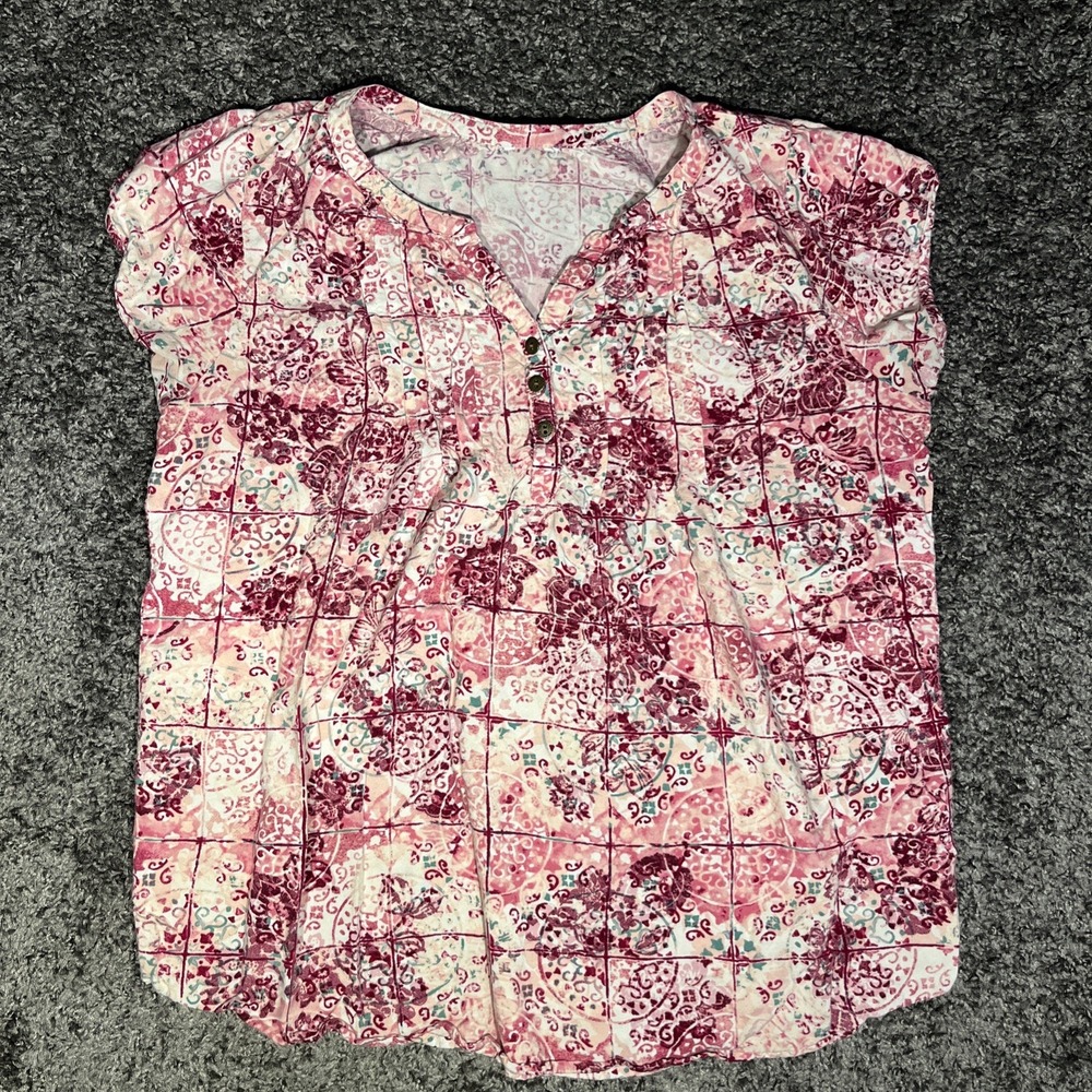 SONOMA Goods For Life Women's Pink Floral Print‎ V Neck Pleated Short Sleeve Top